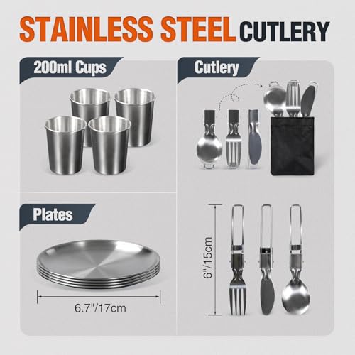REDCAMP 6/10/11/12/14/15/19 PCS Camping Cookware Mess Kit Camping Gear Campfire Utensils Lightweight Stackable Pot Pan Bowls Soup Spoon with Storage Bag for Camping, Backpacking, Outdoor Cooking - style: Orange,25 Pcs W/Kettle