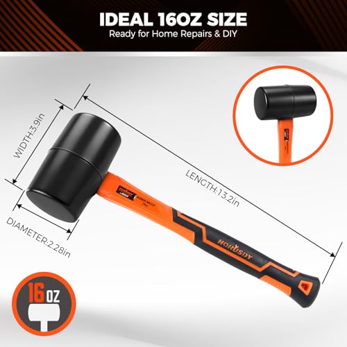 HORUSDY 16oz Durable Rubber Mallet Hammer with Fiberglass Handle, Non-Marring Blow Tool for Flooring, Tent Stakes, Woodworking, and Camping, Non-Slip Grip