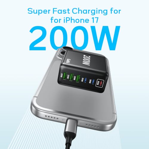 2 Pack USB C Charger Block, 200W GaN Super Fast Charger Type C Fast Charging 6 Port Foldable PD Charging Station for All Phone/Android Samsung Galaxy S25/S24/MacBook iPad - color: Black