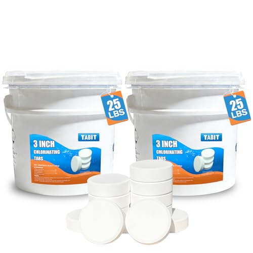 TABIT 50 lbs Chlorine Tablets 3 Inch for Swimming Pools – Slow Dissolving & Long Lasting – 90% Available Chlorine Tri-Chlor – Kills Bacteria & Stops Algae – 2 x 25 lb Buckets - size: 50 Pound
