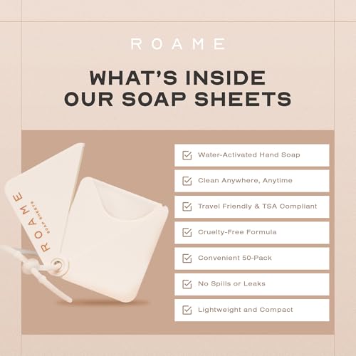 Roame Portable Paper Soap Sheets, Dissolvable Travel Hand Soap, 50 Count