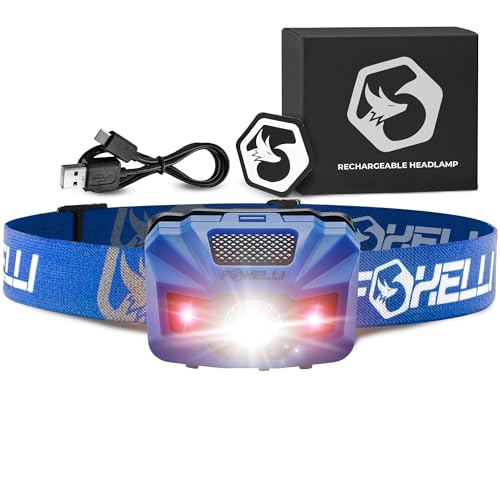 Foxelli USB‑C Rechargeable LED Headlamp – Ultra‑Light 2.4 oz & Bright 180 Lumens – Red/White Light, 5 Modes, IPX5 Waterproof, 40 h Runtime for Trail Running, Camping, Hiking - color: Blue
