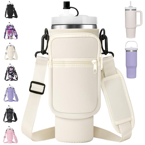 AceTreker Water Bottle Carrier Bag with Strap for Stanley 40/30 oz Tumbler Neoprene Insulated Cup Holder Sleeve with Phone Pocket & Straw Cover for Stanley Cup Accessories - color: 01-Cream, style: 40 Oz