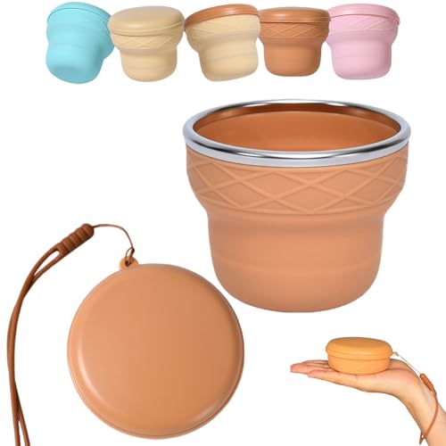 Collapsible Travel Cup 7oz Silicone Foldable Water Cup, Cute Ice Cream Cone Shape, Macaron Colors, BPA-Free with Lid - Portable Drinking Cup for Ca mping, Hiking & Outdoor Travel (Brown) - color: Brown