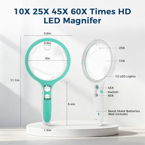Large Magnifying Glass with Light,10X 25X 45X 60X Handheld Illuminated Lighted Magnifier, 5in Page Reading Magnifier with 12 LED Lights for Seniors Reading, Coins, Jewelry, Close Work - Green | 5-inch large lens with built-in LED light, handheld magnifier