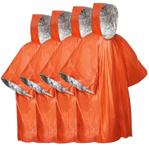 Emergency Poncho with Mylar,Thermal Poncho,Survival Rain Poncho,Lightweight, Compact, Reusable Emergency Blanket Poncho for Hiking, Camping, Thermal Gear, Car Kit, Outdoors - 4 Pack (Orange)