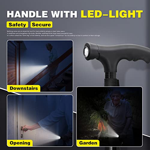 BigAlex Folding Walking Cane with LED Light,Pivoting Quad Base,Adjustable Walking Stick with Carrying Bag for Man/Woman (Alloy Base) - color: Black(30"-35")