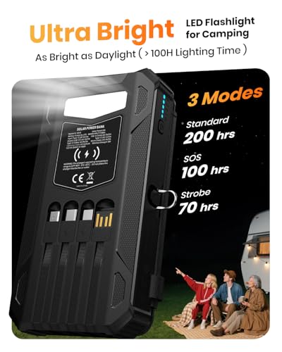 Solar Power Bank 48000mAh Built in 4 Cables, Wireless Portable Charger | Solar Charger with 4 Solar Panels, Wireless Charging, Built in 4 Cables, PD QC 3.0 Fast Charging, Flashlight for Camping - color: Black