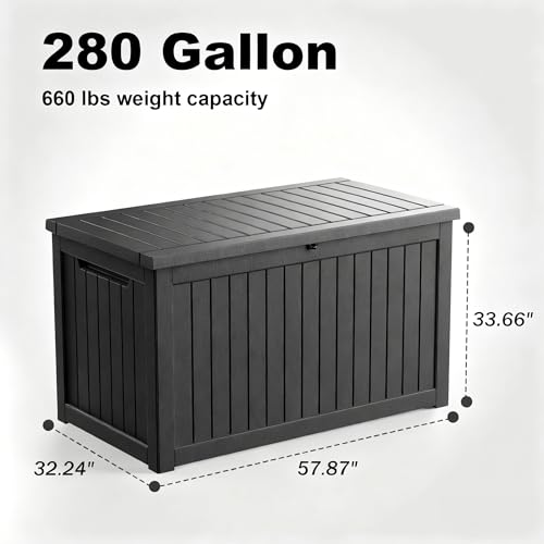 280 Gallon Waterproof Outdoor Storage Box, UV Resistant Resin Deck Box with Hydraulic Rod for Reinforced Stability, Perfect for Patio, Garden, and Pool（Black，280 Gallon） - color: Black, size: 280 Gallon