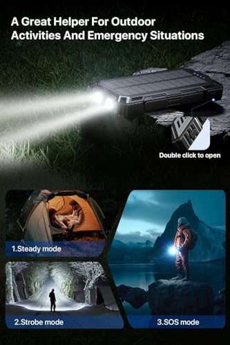 Solar Power Bank,49800mAh Portable Charger Wireless Charging USB-C 15W Fast Charging with 4 Built-in Cables LED Flashlight Battery Pack Compatible with iPhone, iPad, Galaxy, Perfect for Camping/Hiking