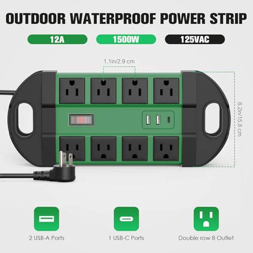 HHSOET Outdoor Weatherproof 8 Outlet Power Strip, IPX6, Green, 10FT | Outdoor Power Strip, IPX6 Waterproof Surge Protector, 2 USB-A 1 USB-C Ports, for Outdoor Patio Garden Porch Garage - color: Green, size: 10ft
