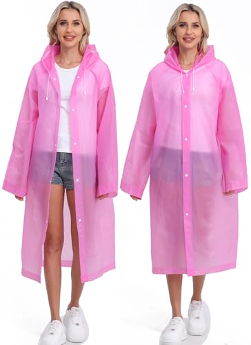 2-Pack Reusable Rain Ponchos for Adults, HOOMBOOM Raincoats Emergency for Women/Men with Drawstring and Sleeves - color: Pink
