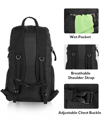 WATERFLY Lightweight Packable Hiking Backpack, 30L Day Pack Black | Foldable, Water Resistant Travel Daypack with Multiple Pockets, Wet Pocket, Ultralight Day Pack for Woman Man, Everyday Carry - color: Black