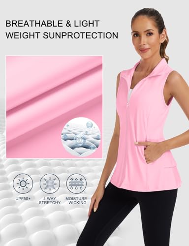 LURANEE Women's Golf Vest with Pleated Tennis Skirt Hem Lightweight Full Zip Sleeveless Athletic Shirts with Pockets - color: Pink, size: Small