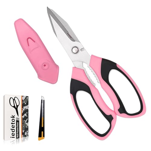 Utility Scissors Heavy Duty, Ultra Sharp Blade Shears, Comfortable Non-Slip Handle, Multipurpose Stainless Steel Scissors For Cutting Cardboard, Fabric, Carpet, Leather, Wire - color: Pink Set