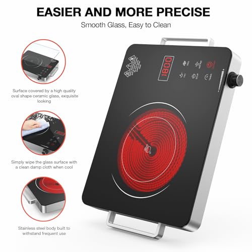 Electric Cooktop, Portable Electric Cooktop 1800W Single Burner Stove 110V with Plug, Hot Plate Countertop, Child Safety Lock, Timer, Infrared Burner,Touch and Knob Control