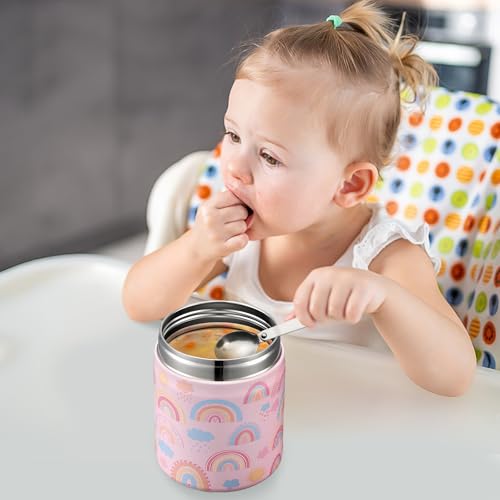 Pawtong 17oz Soup Thermo for Hot Food Kids Insulated Vacuum Food Jar with Stainless Steel Spoon Wide Mouth Thermo Leakproof Lunch Food Container Kids Hot Lunch Box (Pink-Rainbow) - color: Pink-Rainbow