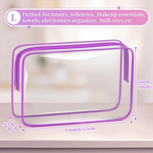 TISRATOK 12 PCS Clear Makeup Bags with Zipper, TSA Approved Toiletry Pouch - color: Purple, size: Large
