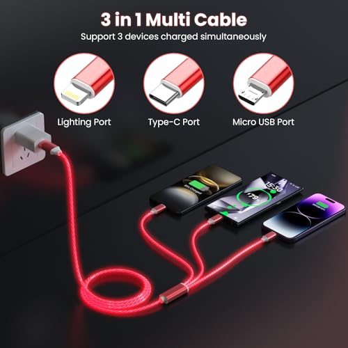 3-in-1 Light Up LED Flowing Lightning/Type C/Micro USB Car Glowing Charge Cable for iPhone,Red Multi RGB Car Charger Cord for Apple iPhone 15/14/13/12/11 Pro Max/XR/XS/SE,iPad/Android/Samsung-4FT - color: Red