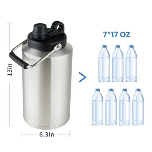 1 Gallon Water Bottle Insulated Stainless Steel Keeps Ice 48Hr, Large Water Gallon Jug Wide Mouth Leakproof Vacuum for Gym, Camping, & Construction Stainless Steels + Black - color: Stainless Steels + Black (2 Packs)