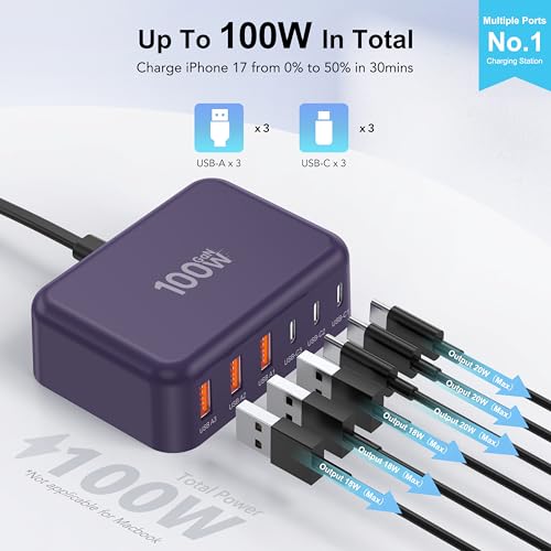 USB C Charger Block, GaN Fast USB Charging Station Hub with 100W Max 6-Port - color: D-Purple, size: 100W