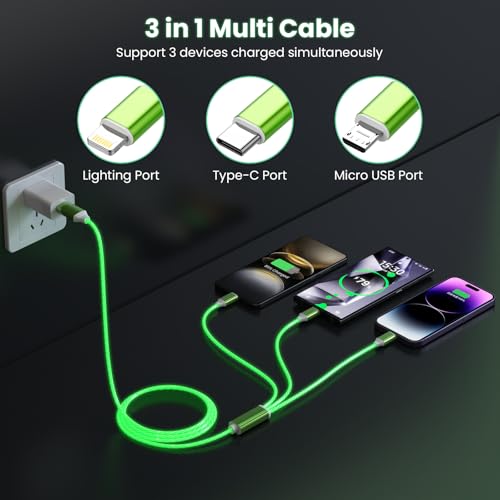 3-in-1 Light Up LED Flowing Lightning/Type C/Micro USB Car Glowing Charge Cable for iPhone,Green Multi RGB Car Charger Cord for Apple iPhone 15/14/13/12/11 Pro Max/XR/XS/SE,iPad/Android/Samsung-4FT - color: Green