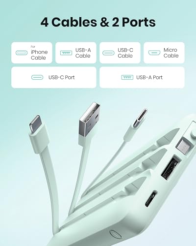 Portable Chargers 10000mAh, Slim Travel Essentials Power Bank, 5 Outputs 2 Inputs LED Display External Battery Pack with Built-in Cables Compatible with iPhone/Android & More (Teal) - color: Teal
