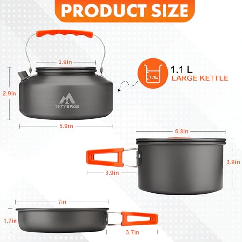 THTYBROS 17pcs Camping Cookware Mess Kit,for Camping,Backpacking,Picnic | 0.45Gal Pot,7inches Pan,0.30Gal Kettle Set with 2 set Stainless Steel Cups Plates Forks Knives Spoons,Pots, Pans & Griddles