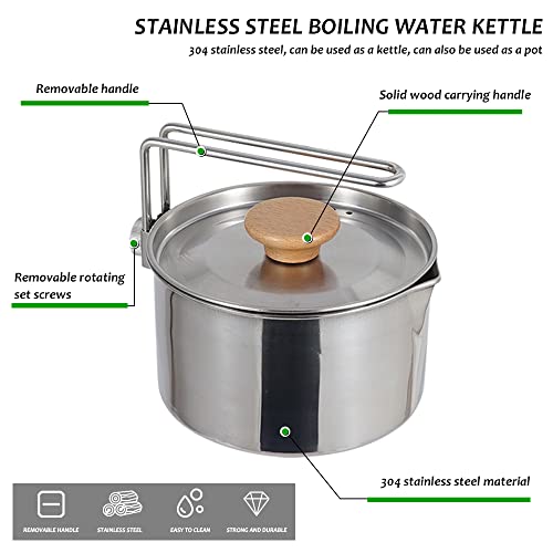 Stainless Steel Camping Pot with Lid and Removable Handle, Light Weight Outdoor Camping Kettle, Easy Clean Camp Boiling Pot, Cooking Pot for Picnic, Hiking, Backpacking, 1L/34oz