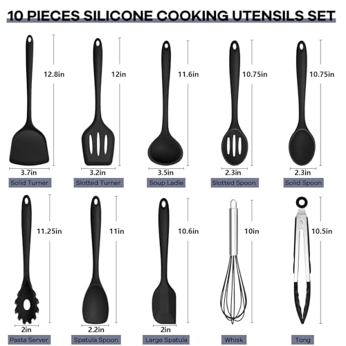 TeamFar Silicone Cooking Utensils, 10 pcs Kitchen Cooking Utensils Set | Heat Resistant Kitchen Gadgets Tools Set w/Spatula, Turners, Spoons, Soup Ladle, Pasta Server for Nonstick Cookware, Black - color: Black