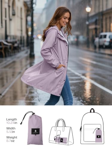 SaphiRose Women's Lightweight Long Rain Jacket Packable Raincoat Hooded Outdoor Trench Coats - color: Light Purple, size: XX-Large