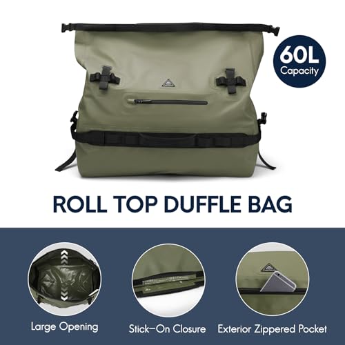 Haimont IPX7 Waterproof Roll-Top Dry Duffel Backpack | 60L/90L Sizes, 500D Tarpaulin, Welded Seams, Mesh Pockets, Boating & Kayaking - color: Army Green, size: 60L