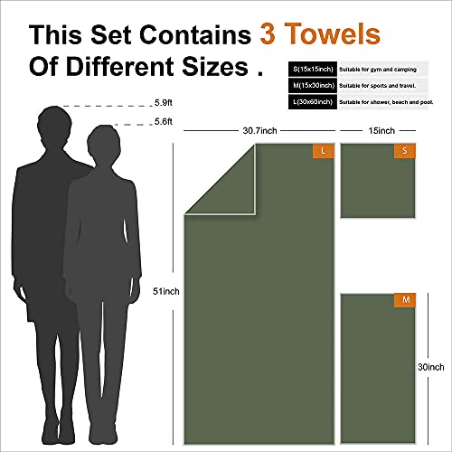 4Monster Camping Towels 3 Size at 1 Pack,Quick Dry Microfiber Towel,Beach Travel Towel Ultra Compact,Soft Gym Towel for Hiking Yoga Travel Sports Backpacking Trip and Pool - color: Army Green