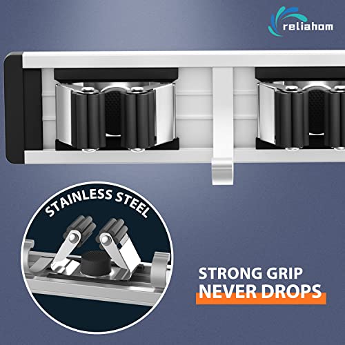reliahom Broom Holder Wall Mount Mop Hanger Tools organizer 5Racks 4Hooks | Adjustable Mop Broom Wall Hanging Heavy duty Tools Storage Rack Space-saving for Garage,Kitchen,Laundry Room,Garden, Black - color: Black