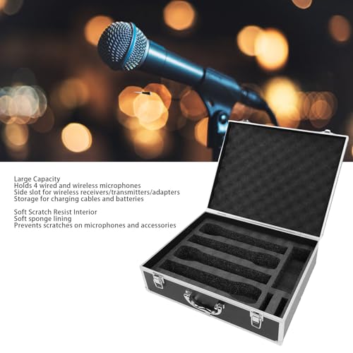 ASHATA Wireless Microphone Carrying Case for 4 Mics Storage, Black | Aluminum Alloy Hard Shell Mic Case with Diced Foam Fits Handheld Wireless Microphone Systems & Accessories