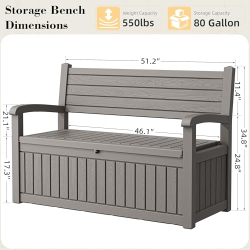 80-Gallon Deck Box Outdoor Storage Bench, Waterproof Outdoor Storage Box, Resin Patio Deck Bench with Hidden Storage, All-Weather Deck Box for Patio Grey - color: Grey