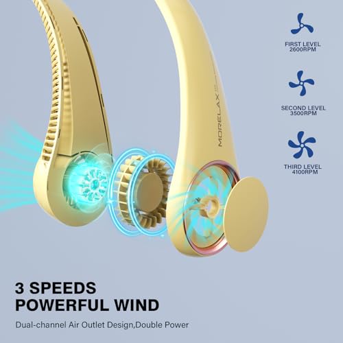 Morelax Neck Fan, USB Rechargeable Personal Fan,Hand Free Bladeless Portable Fans,4000 mAh, 3 Speeds,72 Air Faster softer 360° Cooling, Gift Suitable for Home, Office, Travel, Sports Amber - color: Amber