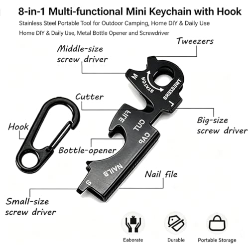 8-in-1 EDC Multi-Tool Keychain with Carabiner Clip, Heavy Duty Pocket Tool with Screwdrivers, Bottle Opener, Cutter & Survival Functions, 1 Pack (Black) - color: Black