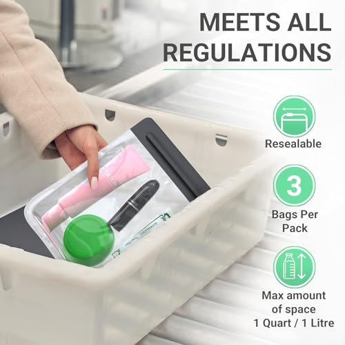 Ogato Clear Toiletry Bag, TSA Approved, 3-1-1 Compliant, Quart Size, 3-Pack | Universal Fit, Security-Ready for Air Travel, Fits All Standard Airline Guidelines, Set of 3, For Liquids & Cosmetics