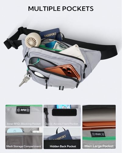 WATERFLY Fanny Pack Waist Bag: 3L Large RFID Anti-Theft with 9 Pockets - color: Grey