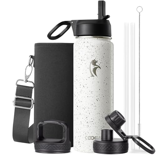 Coolflask 24 oz Insulated Water Bottle with Straw & 3 Leakproof Lids | Water Flask Stainless Steel Triple-Wall Vacuum, Cupholder Friendly, Cold 48+h, Dishwasher Safe, Non-BPA, for Gym & Hiking - color: Arctic White, size: 24 Ounces