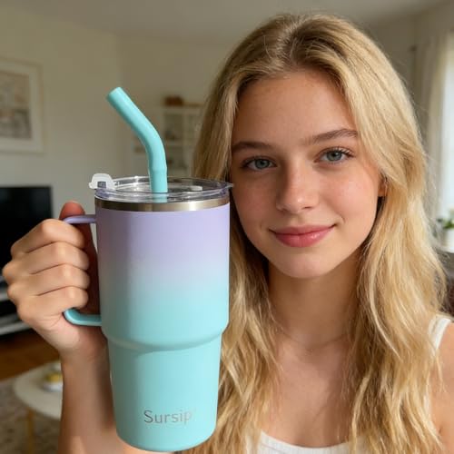 Sursip 24 oz Insulated Tumbler with Handle Lids and Straws - color: Navy&PurpleBlue
