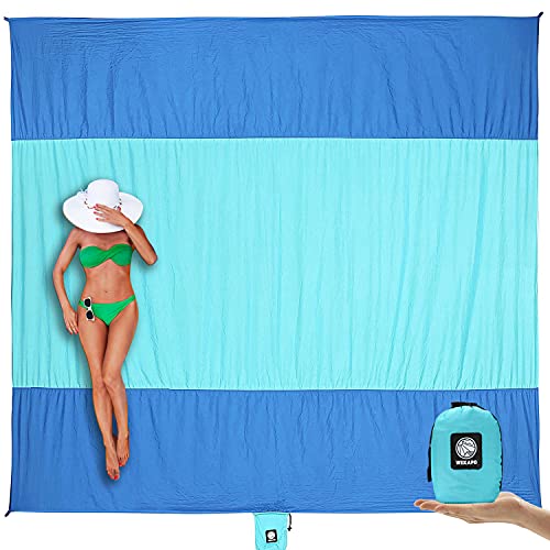 WEKAPO Beach Blanket Sandproof Waterproof, Extra Large Beach Mat, Oversized & Compact Sand Free, Quick Drying Beach Essentials for Vacation, Cruise, Picnic & Camping with Stakes - color: Blue, size: 9x7 FT (1～5 person)