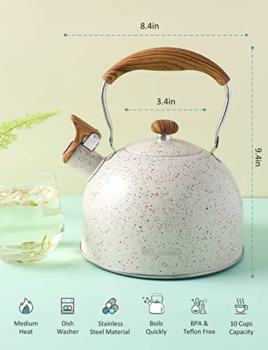 Tea Kettle, BELANKO 85 OZ / 2.5 Liter Whistling Tea Kettle, Tea Pots for Stove Top Food Grade Stainless Steel with Wood Pattern Folding Handle, Loud Whistle Kettle for Tea, Coffee, Milk - Cream White - color: Starry White