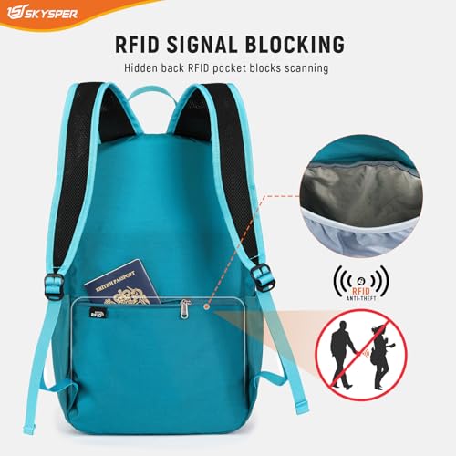 SKYSPER Small Packable Hiking Backpack 20L Anti-theift Travel Daypack | RFID Ultralight Foldable Walking Backpack with Water Bottle Holder, Nylon, Multi-compartment, Everyday Carry for Men Women - color: Cyan