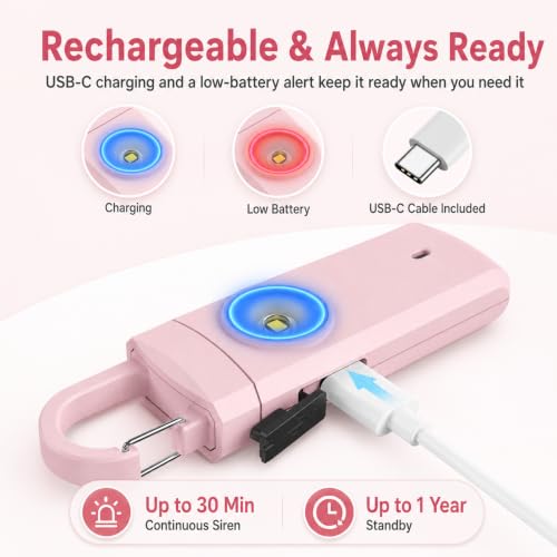 Rechargeable Personal Alarm for Women - Travel College Dorm Essentials - color: Light Pink