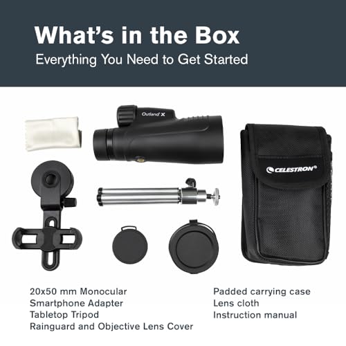 Celestron – Outland X 20x50 Monocular – Includes Smartphone Adapter and Tripod – Large 50mm Objective Lens – Multi-Coated Optics – BaK-4 Prism –Waterproof & Fogproof – Belt Case Included - size: 20x50 Monocular