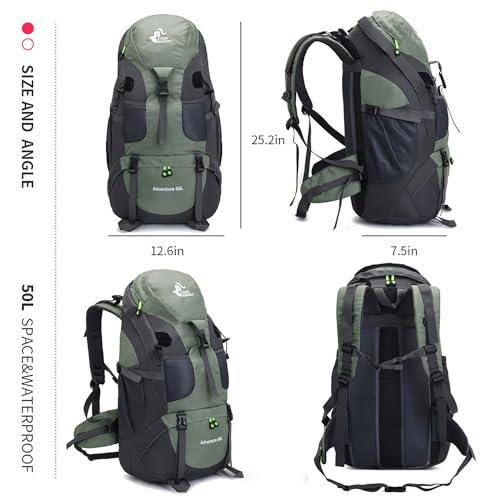 Bseash 50L Hiking Backpack, Water Resistant Lightweight Outdoor Sport Daypack Travel Bag for Camping Climbing Skiing Cycling (Army Green - With Shoe Compartment) - color: Army Green - With Shoe Compartment