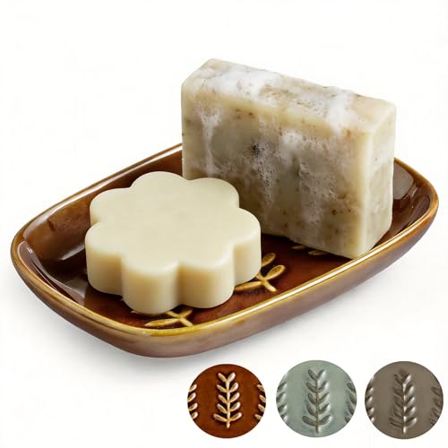 Miamolo Soap Dish for Shower, Bar Soap Holder with Raised Ridges, Non-Stick | Ceramic Soap Saver, Ideal for Counter & Countertop | Versatile Tray for Sponges, Jewelry & Brush | Easy Cleaning, Dark Brown - color: Dark Brown, size: Leaf Design