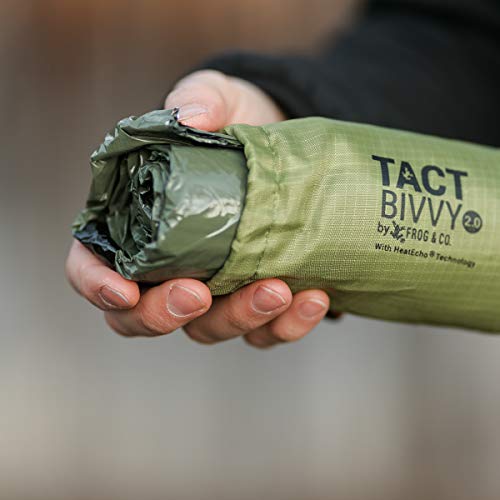 Survival Frog Tact Bivvy 2.0 Emergency Sleeping Bag with Stuff Sack, Carabiner & Survival Whistle – Compact, Lightweight, Waterproof, Reusable Thermal Bivy Sack Shelter Kit - color: New 2.0 Tactical Green